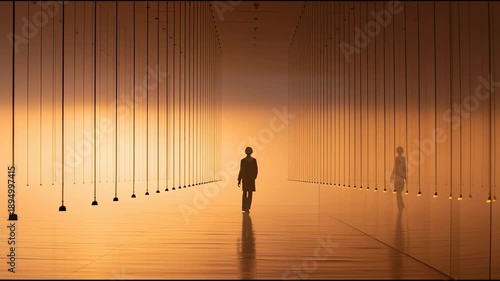 Wallpaper Mural Silhouette person walking light path suspended corridor minimal art installation, warm glow with hanging cables fading into glowing horizon, serene futuristic corridor, solitary figure orange fog Torontodigital.ca