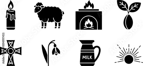 Imbolc icons set: candle, sheep, fireplace, sprout, cross, snowdrop, milk jug, sun