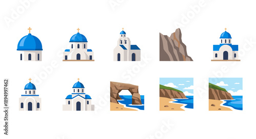 Collection of Greek island landmarks and coastal scenery icons