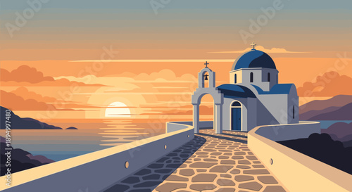 Idyllic Greek island church with blue dome at sunset overlooking the sea