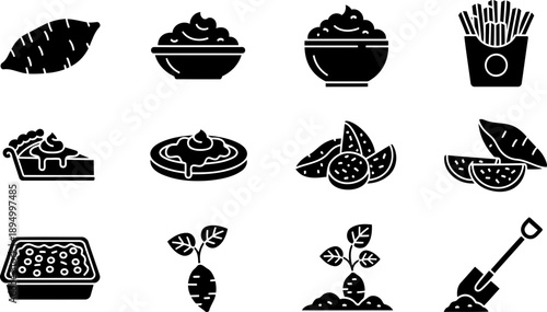 National Sweet Potato Month icon set featuring food and harvest