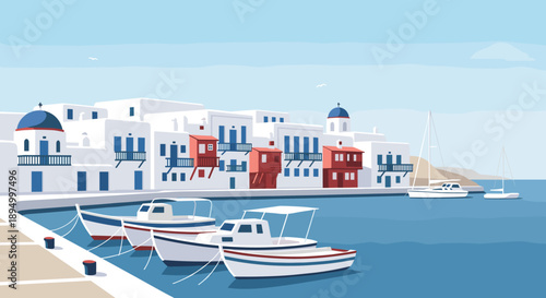 Charming Greek island village with white buildings and boats docked in a blue harbor