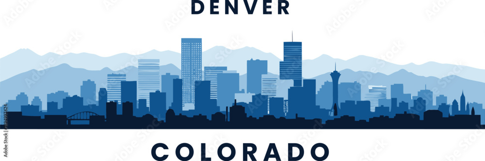 Fototapeta premium Denver skyline silhouette with iconic Rocky Mountain backdrop.