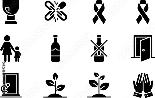 Children of Alcoholics Awareness Week icons set, family growth and support