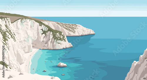 Scenic view of a secluded white sand beach nestled between dramatic white cliffs and turquoise sea