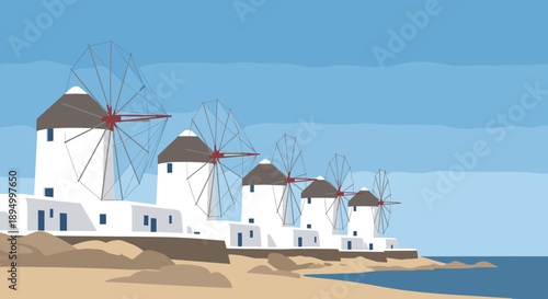 Iconic windmills of Mykonos Greece stand against a clear blue sky and sea