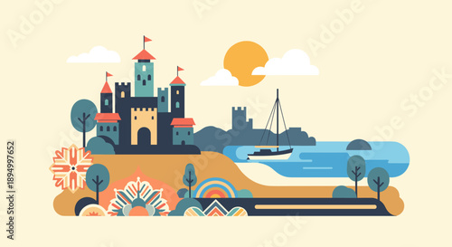 Flat design illustration of a medieval castle by the sea with a sailboat under a sunny sky