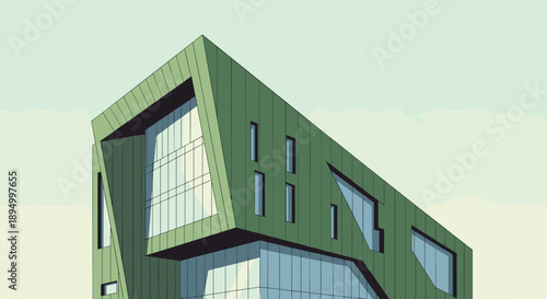 Modern green building with geometric facade and large glass windows against a pale sky
