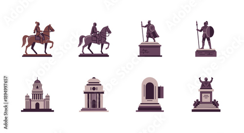 Collection of historical monuments and architectural landmarks in a flat design style
