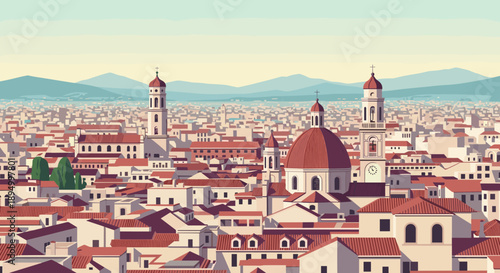 Stylized cityscape illustration of Florence with iconic domes and bell towers under a hazy sky