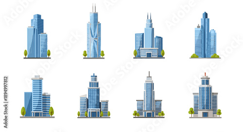 Collection of modern blue glass skyscrapers and office buildings in a flat design style