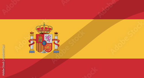 Official flag of Spain with coat of arms waving gently in a modern graphic style
