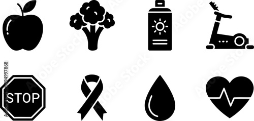 Cancer Prevention Action Week health icons illustration with apple, broccoli, sunscreen