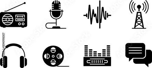 World Radio Day icons vector set featuring vintage radio and broadcast equipment
