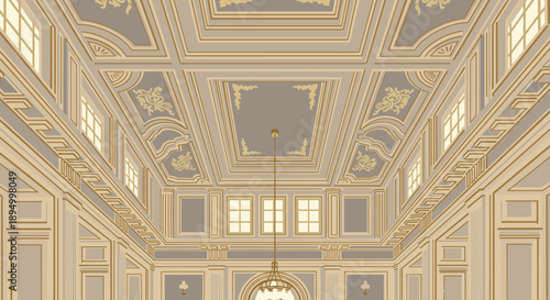 Elegant ornate ceiling and wall design with classical architectural details and windows