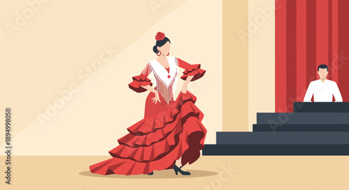 Flamenco dancer in a vibrant red dress performs on stage with an audience member watching