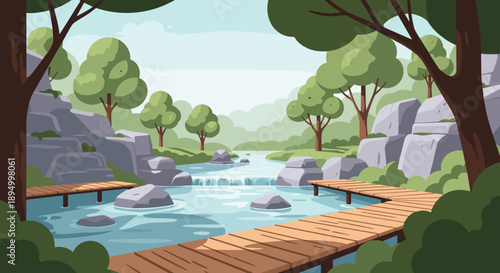 Serene forest landscape with a winding river and wooden boardwalks through lush greenery