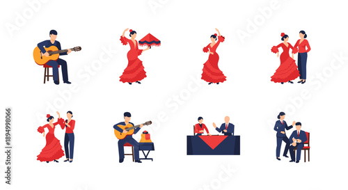 Spanish flamenco dancers and guitarists performing traditional music and dance