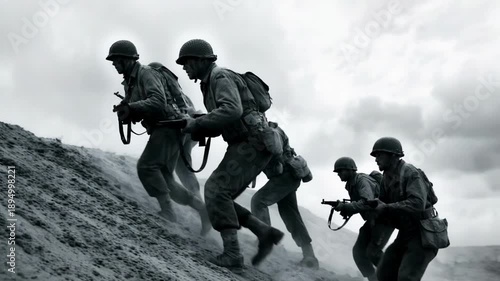 Group of soldiers in world war II uniform climbing a sandy hill during battle. Monochrome footage of infantry troops attacking with rifles in smoke. Historical military combat reconstruction