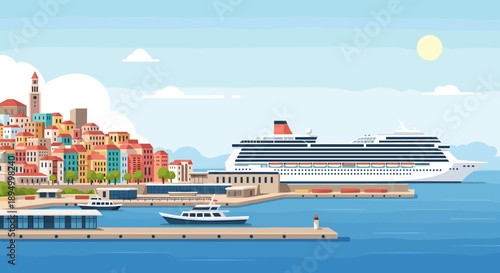 Colorful coastal town with a large cruise ship docked at the harbor on a sunny day