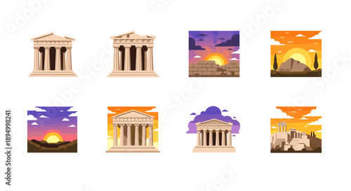 Collection of ancient Greek temples and ruins at sunset and sunrise