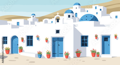 Charming illustration of a traditional Greek village with white buildings and blue accents