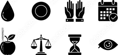 National Fasting icons: water drop, plate, hands, calendar, apple, scales, hourglass, eye