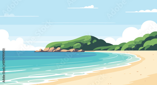 Serene tropical beach with turquoise water and lush green hills under a clear sky