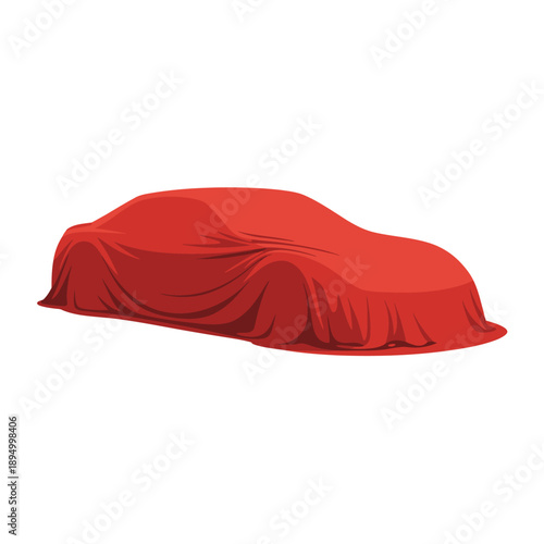 Red Car Covered with Sheet Unveiling New Vehicle