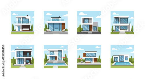 Collection of modern minimalist houses with swimming pools and green landscapes