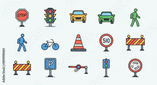 Collection of traffic and road safety icons and symbols.