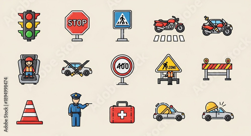 Collection of traffic and road safety icons and symbols.