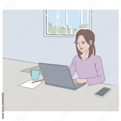 デスクに置いたノートパソコンに向かって作業をする若い女性のイラスト
