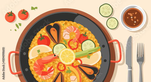 Delicious seafood paella served in a traditional pan with fresh ingredients and cutlery