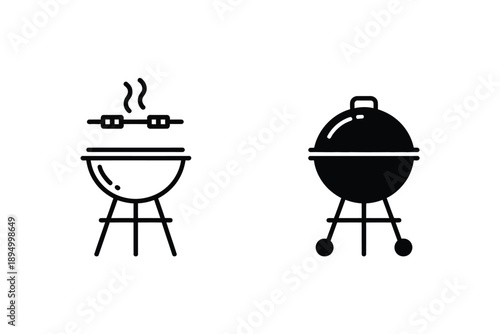 Simple Black Line Drawing of BBQ Grill with Sizzling Meat on a Skewer Outdoors