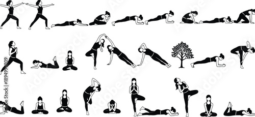 Diverse collection of fitness silhouettes featuring professional yoga poses, gym weightlifting exercises, bodybuilding strength training, and urban skateboarder stunts for sports vector illustration.