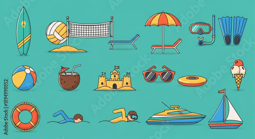 Collection of Summer Beach Vacation Icons and Symbols.