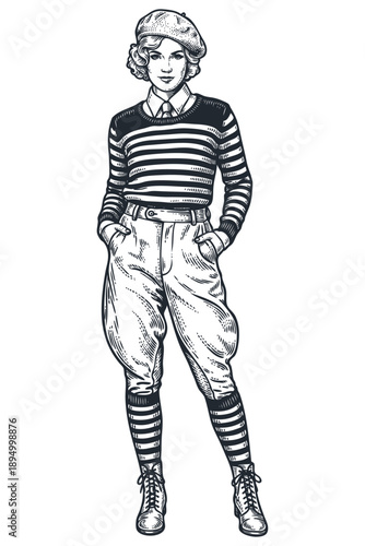 A stylish woman in vintage 1920s clothes, including a beret and striped shirt. Engraving style vector character illustration for fashion design.