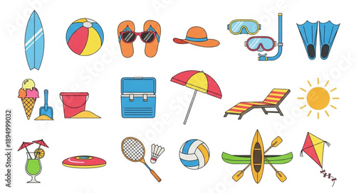 Collection of Summer Beach Vacation Objects and Activities.