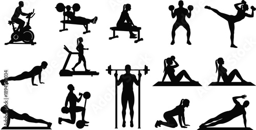 Fitness exercise silhouettes collection featuring gym workout activities, cardio training, weightlifting, bodybuilding, athletic people practicing yoga and functional strength exercises for wellness.