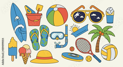 Collection of Summer Beach Vacation Objects and Activities.