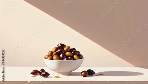 A clean minimalist poster scene featuring one plate of dates 