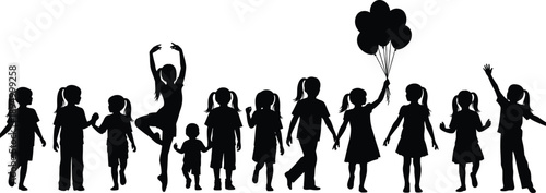 Happy children silhouettes set featuring kids playing, dancing, holding balloons, walking together, and celebrating, perfect for childhood, education, and family-oriented vector designs, 2026.