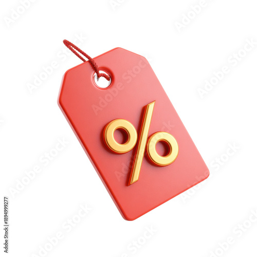 A red price tag with a gold percent sign on a black background