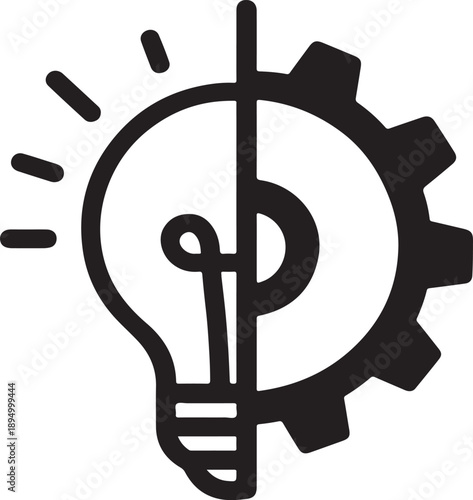 A dark blue icon combining a lightbulb and gear elements