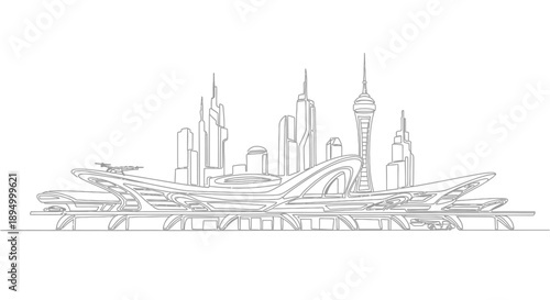 city skyline with futuristic bridge and skyscrapers