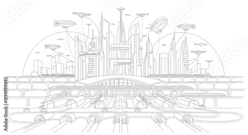 futuristic cityscape with flying cars and skyscrapers
