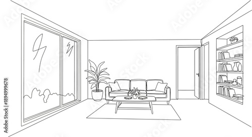 line drawing of a living room with a couch and coffee table