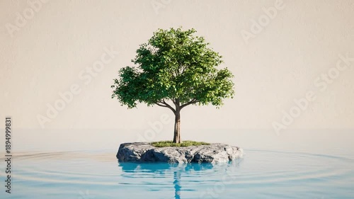 A solitary green tree stands on a rocky island in calm blue water under a soft beige sky, symbolizing nature, peace, and resilience.