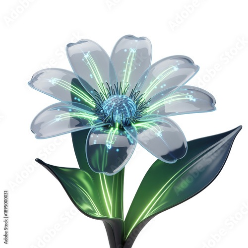 Transparent futuristic flower with bright green glowing circuits running through petals and leaves, symbolizing bio-technology and organic innovation. isolated on transparent background.